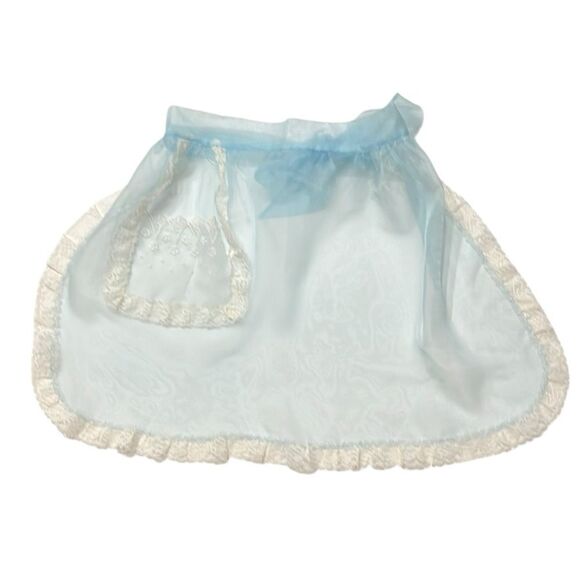 Vintage Apron Light Blue Sheer Lace Front Pocket Tie Back Feminine Pin Up - Picture 1 of 6